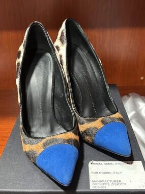 Giuseppe Zanotti Leopard Print Haircalf Pumps with Blue Cap Toe